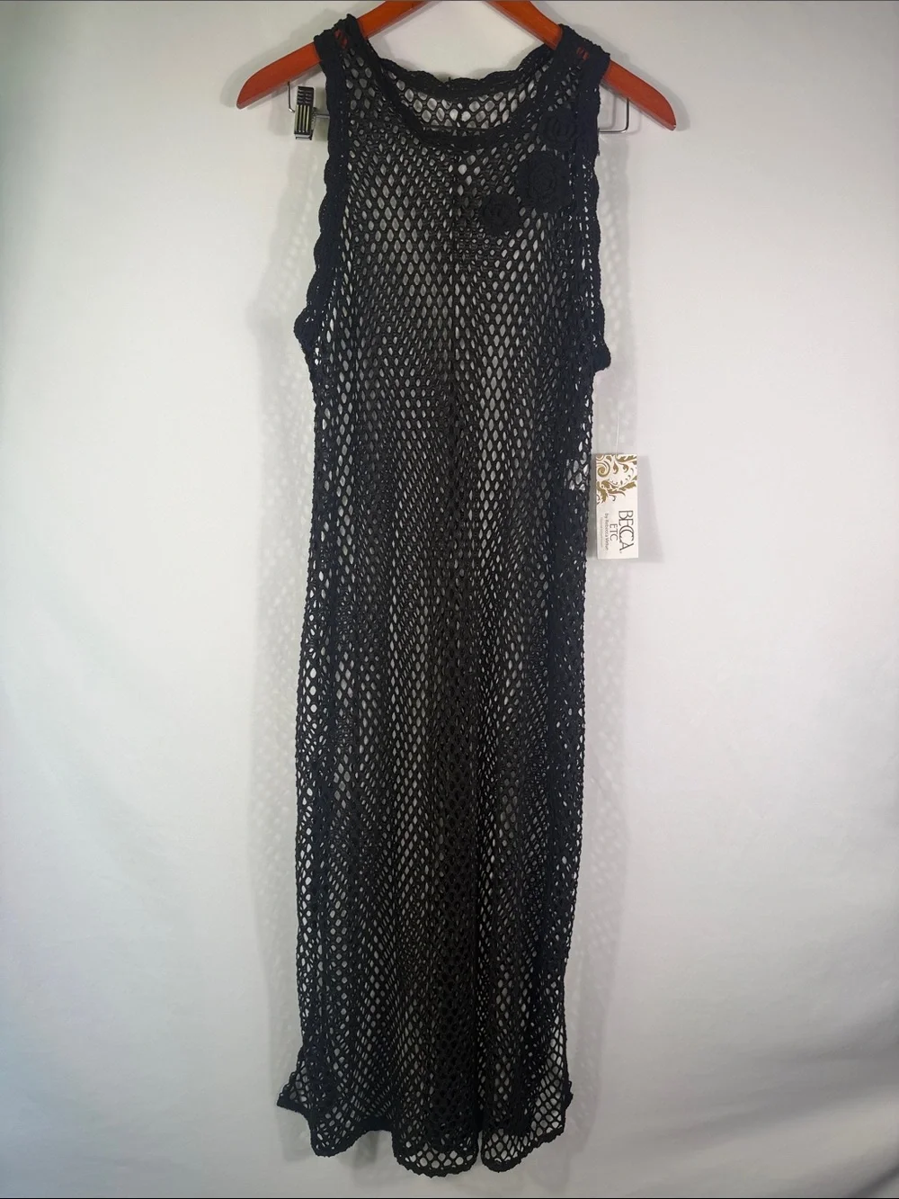 BECCA Black Mesh Midi Swim Cover-Up. Plus Size OX 14/16. NWT. Crochet Flowers